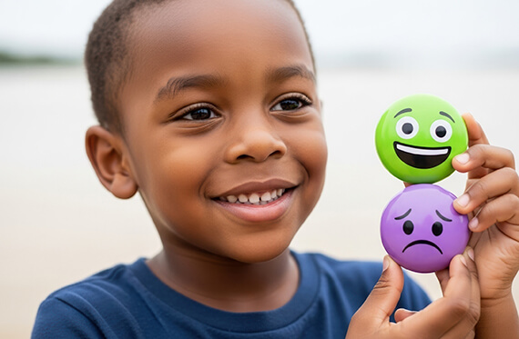 A young boy is smiling at the camera and holding two toy balls. One of the balls has a smiling face and the other ball has a frowning face.